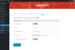 Page screenshot: Supafolio &rarr; Settings &rarr; SEO