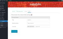 Page screenshot: Supafolio &rarr; Settings &rarr; SEO
