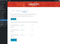 Page screenshot: Supafolio &rarr; Settings &rarr; Cache