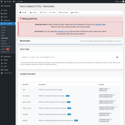 Page screenshot: Text to Speech → Shortcodes