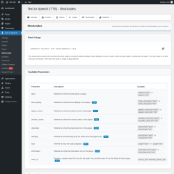 Page screenshot: Text to Speech → Shortcodes