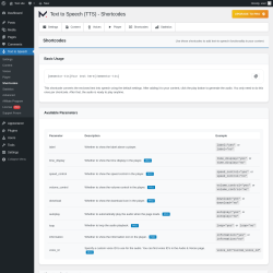 Page screenshot: Text to Speech → Shortcodes