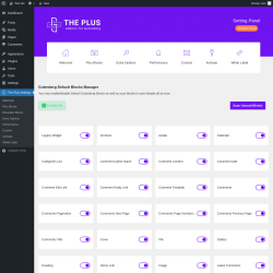 Page screenshot: The Plus Settings → Gutenberg Default Blocks