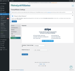 Page screenshot: ThirstyAffiliates → Settings → Payments