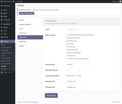 Page screenshot: Tickera → Settings → Export PDF
