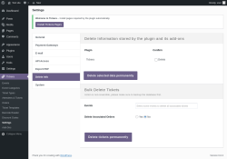 Page screenshot: Tickera → Settings → Delete Info