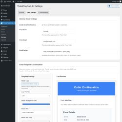Page screenshot: TicketPayGo Lite &rarr; Settings &rarr; 
                Email Settings            
