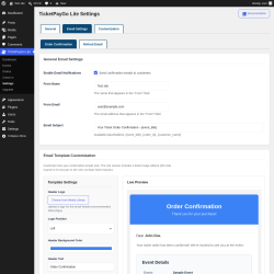 Page screenshot: TicketPayGo Lite &rarr; Settings &rarr; 
                Email Settings            