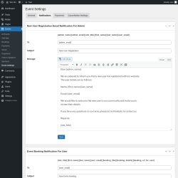 Page screenshot: Events &rarr; Event Settings &rarr; Notifications