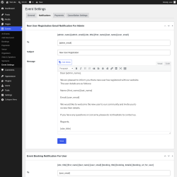 Page screenshot: Events &rarr; Event Settings &rarr; Notifications