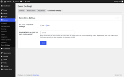 Page screenshot: Events &rarr; Event Settings &rarr; Cancellation Settings