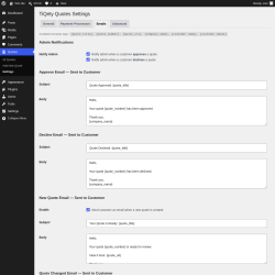 Page screenshot: Quotes &rarr; Settings &rarr; 
                        Emails                    