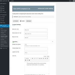 Page screenshot: Total GDPR Compliance Lite &rarr; Advanced Cookies &rarr; Content