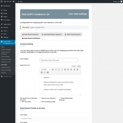 Page screenshot: Total GDPR Compliance Lite &rarr; User Data &rarr; Data Breach Notification