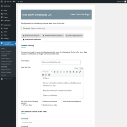 Page screenshot: Total GDPR Compliance Lite &rarr; User Data &rarr; Data Breach Notification
