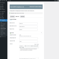 Page screenshot: Total GDPR Compliance Lite &rarr; Advanced Cookies &rarr; Content