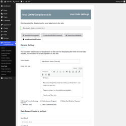 Page screenshot: Total GDPR Compliance Lite &rarr; User Data &rarr; Data Breach Notification