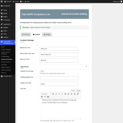 Page screenshot: Total GDPR Compliance Lite &rarr; Advanced Cookies &rarr; Content