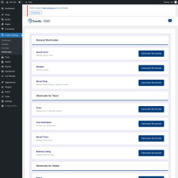 Page screenshot: Tourfic Settings  → Shortcodes