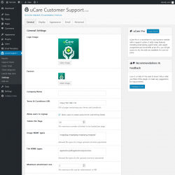 Page screenshot: uCare Support &rarr; Settings