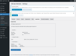 Page screenshot: Ultimate Member &rarr; Settings &rarr; Install Info