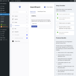 Page screenshot: User Registration &rarr; Settings &rarr; 
									
										
  

									
									
										
											Import/Export										
										
											
										
									
								