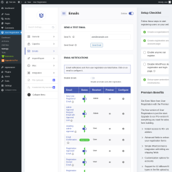 Page screenshot: User Registration &rarr; Settings &rarr; 
									
										
  

									
									
										
											Emails										
										
											
										
									
								