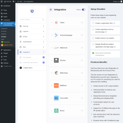 Page screenshot: User Registration & Membership &rarr; Settings &rarr; 
									
										
  

									
									
										
											Integration										
										
											
										
									
								