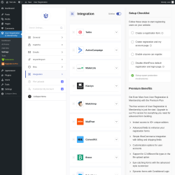 Page screenshot: User Registration & Membership → Settings → 
									
										
  

									
									
										
											Integration										
										
											
										
									
								