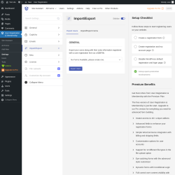 Page screenshot: User Registration & Membership → Settings → 
									
										
  
  
  

									
									
										
											Import/Export										
										
											
										
									
								