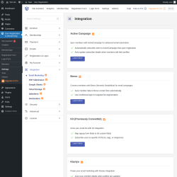 Page screenshot: User Registration & Membership &rarr; Settings &rarr; 
									
										
  

									
									
										
											Integration										
										
											
										
									
								