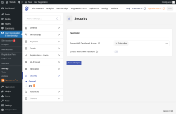Page screenshot: User Registration & Membership &rarr; Settings &rarr; 
									
										
  
  

									
									
										
											Security										
										
											
										
									
								