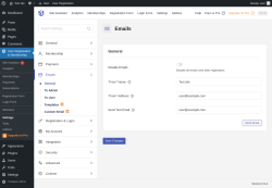 Page screenshot: User Registration & Membership &rarr; Settings &rarr; 
									
										
  

									
									
										
											Emails										
										
											
										
									
								