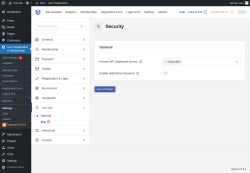 Page screenshot: User Registration & Membership &rarr; Settings &rarr; 
									
										
  
  

									
									
										
											Security										
										
											
										
									
								
