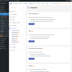 Page screenshot: User Registration & Membership &rarr; Settings &rarr; 
									
										
  

									
									
										
											Integration										
										
											
										
									
								