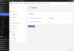 Page screenshot: User Registration & Membership &rarr; Settings &rarr; 
									
										
  
  

									
									
										
											Security										
										
											
										
									
								