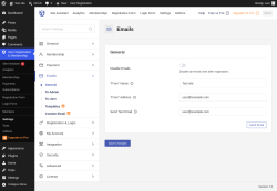 Page screenshot: User Registration & Membership &rarr; Settings &rarr; 
									
										
  

									
									
										
											Emails										
										
											
										
									
								