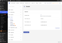 Page screenshot: User Registration & Membership &rarr; Settings &rarr; 
									
										
  

									
									
										
											Emails										
										
											
										
									
								