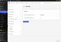Page screenshot: User Registration & Membership &rarr; Settings &rarr; 
									
										
  
  

									
									
										
											Security										
										
											
										
									
								