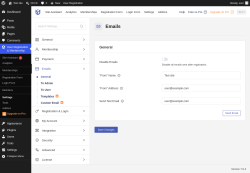 Page screenshot: User Registration & Membership &rarr; Settings &rarr; 
									
										
  

									
									
										
											Emails										
										
											
										
									
								