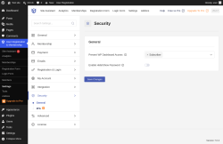 Page screenshot: User Registration & Membership &rarr; Settings &rarr; 
									
										
  
  

									
									
										
											Security										
										
											
										
									
								