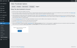 Page screenshot: Settings &rarr; Video Thumbnails &rarr; Support