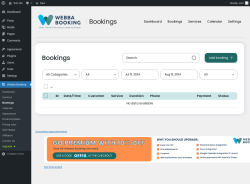 Page screenshot: Webba Booking → Bookings