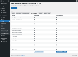 Page screenshot: Tools → Codestar Framework → Free vs Premium