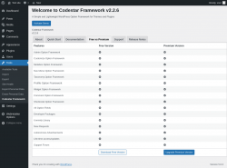 Page screenshot: Tools → Codestar Framework → Free vs Premium