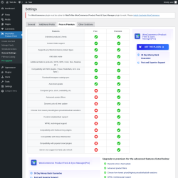 Page screenshot: WebToffee Product Feed → General Settings → Free vs Premium