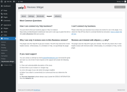 Page screenshot: Settings → Yelp Reviews Widget → Support