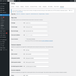 Page screenshot: WooCommerce → Settings → Advanced