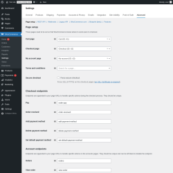 Page screenshot: WooCommerce → Settings → Advanced