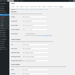 Page screenshot: WooCommerce &rarr; Settings &rarr; Advanced